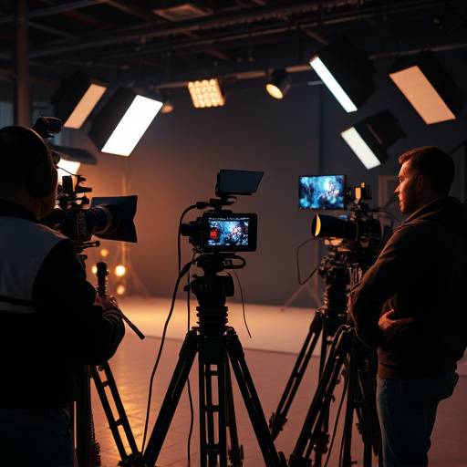 A professional video production set with cameras, lights, and crew, preparing for a shoot.