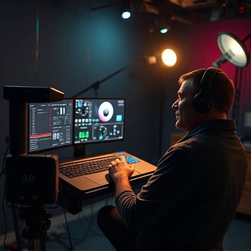Color grading suite with professional monitors and colorist adjusting settings.