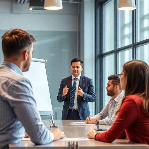 Image from a corporate training video, featuring an instructor presenting to a group of employees.