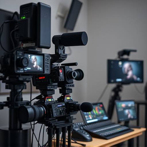 Live streaming setup with multiple cameras, audio equipment, and a production switcher.