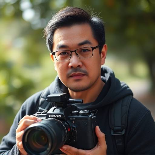 Portrait of David Chen, Lead Cinematographer at Stellaris Studios, holding a professional camera.
