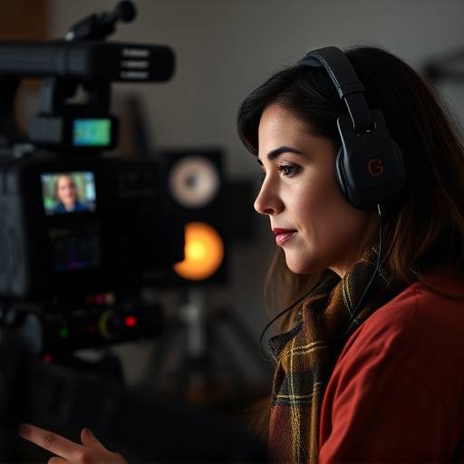 Portrait of Maria Rodriguez, Lead Editor at Stellaris Studios, working on a video editing workstation.